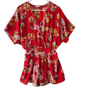 Umgee Red Multicolor Floral Shorts Romper V-neck Small Boho Chic Romantic